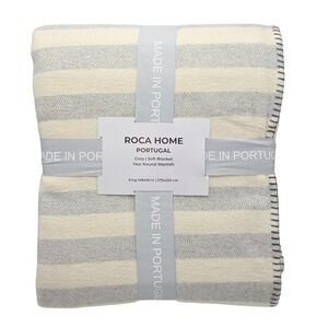 Roca Home King Blanket Gray Cream Striped Cotton Blend 108x90 Made In Portugal